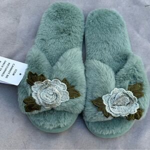 Joyfolie Faux-Fur Slide Slippers with Floral Embroidery - Sage